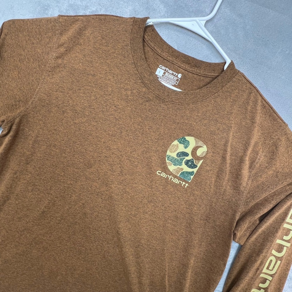 Carhartt Long Sleeve Shirt Mens L Brown Frog Camo Logo Relaxed Fit Graphic Tee - Picture 6 of 12